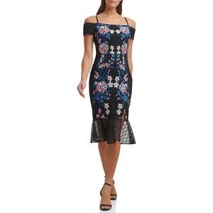 NEW Guess Black Floral Off The Shoulder Lace Ruffle Midi Bodycon Dress Size 14